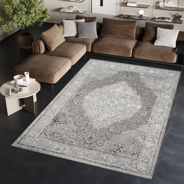 Tapiso Ares Vloerkleed Grijs Laagpolig Oriental Woonkamer Frame Tapijt Maat- 80x150 Lichtgrijs