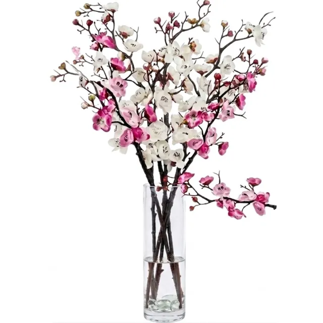NUVEX Wit roze kunstbloemen pruimenbloesem takken kunstbloemen decoratie lange takken met bloemen en knoppen voor vaas interieur en tafel decoratie set van 4 Wit, Roze, Bruin