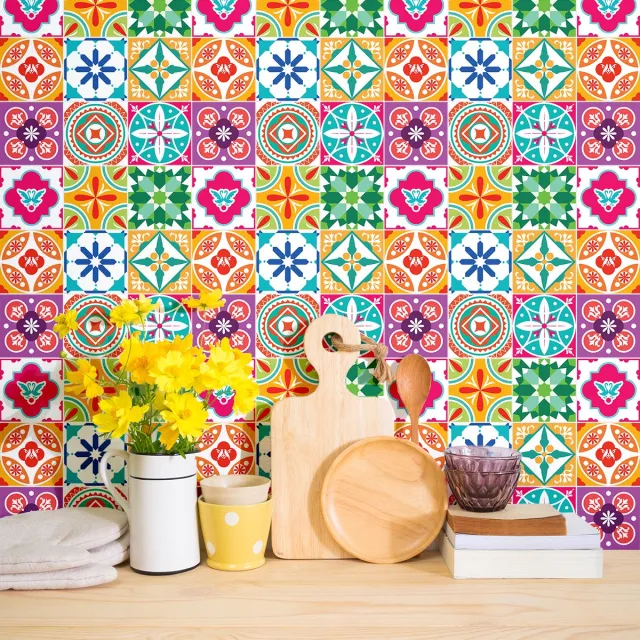 Ambiance Sticker Zelfklevende tegelmuurstickers voor keuken en badkamer - 9 cementtegelstickers, Azulejos, Diana - 9 stickers, 10x10cm Multi color