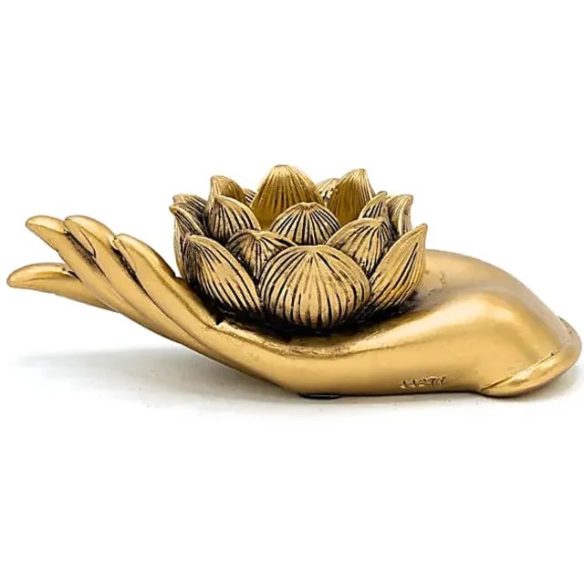 Phoenix Import Mani Bhadra Theelichthouder Lotus hand goudkleurig
