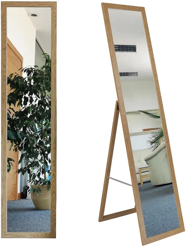 Famanu Staande aankleedspiegel in eiken, 155,8 x 35,8 cm, elegante spiegel voor de garderobe Zwart