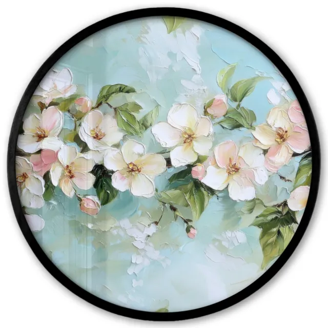 FrameYourWall Poster in lijst Rond - Fotolijst 40x40 cm - Posters - Bloesem - Bladeren - Lichtblauw - Ronde posterlijst zwart - Decoratie - Wanddecoratie woonkamer - Muurdecoratie slaapkamer