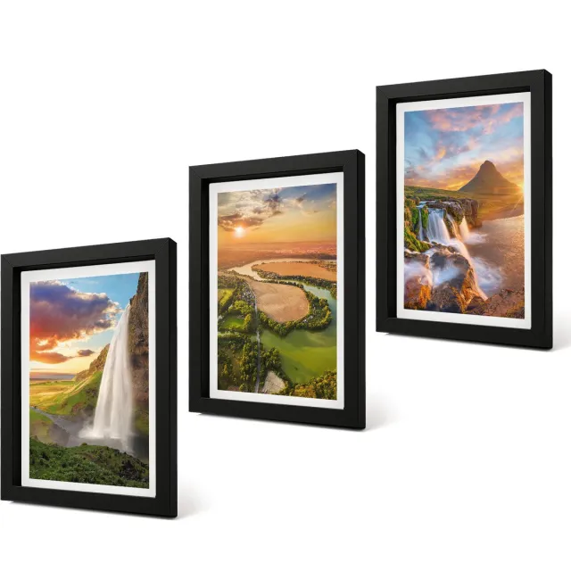 Coloray 4-Delige Schilderij Set - Watervallen, berglandschappen en rivieren bij zonsondergang - 20 x 30 cm - Muurdecoratie - Wanddecoratie - Slaapkamer Zwarte lijst