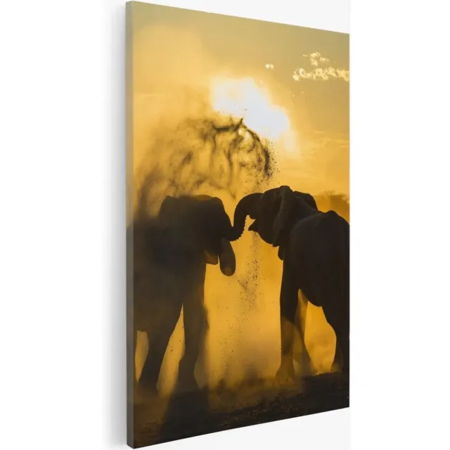 Saammp Canvas Schilderij - 2 spelende olifanten - Zonsondergang - Afrika - Dieren - 40x50 - Foto op canvas - Wanddecoratie - Muurdecoratie Woonkamer - Slaapkamer decoratie - Canvas Print Multicolor