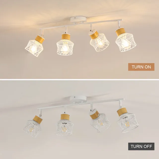 Riserva Plafondlamp modern langwerpig, ijzeren kooi spot 4‑lichts E27 max 60W zonder lamp, wit + houtkleur, verstelbaar 350°/180°, kap Ø12cm, voor woonkamer keuken slaapkamer