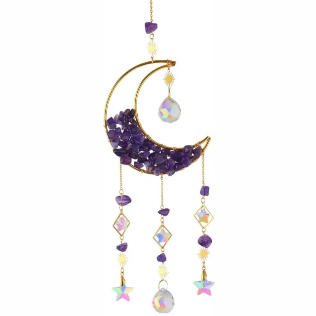 Goodli Suncatcher Maan met Amethist - Zonnevanger Raamdecoratie met Prisma Kristal - Goud en Paars