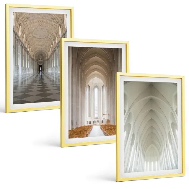 Coloray 3-Delige Schilderij Set - Beige Abstracte Geschilderde Vormen En Lijnen - 40 x 40 cm En 40 x 60 cm - Wanddecoratie - Muurdecoratie - Woonkamer Gouden lijst