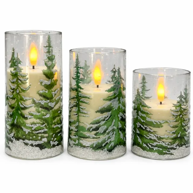 SWGOTA led kaarsen, set van 3 met besneeuwd cedermotief, warmgeel flikkerlicht, 1 afstandsbediening en 1 handleiding Transparant