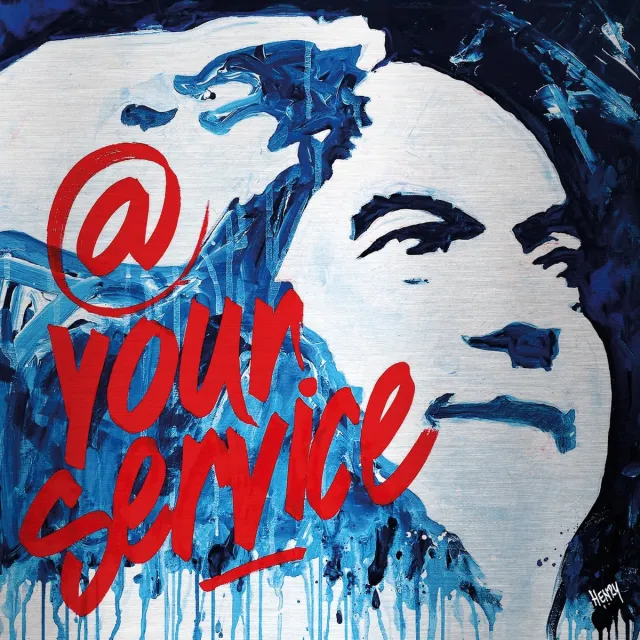 De Opmakerij PIM FORTUYN - unieke sign " AT YOUR SERVICE " op geborsteld aluminium 90 x 90 cm full-colour