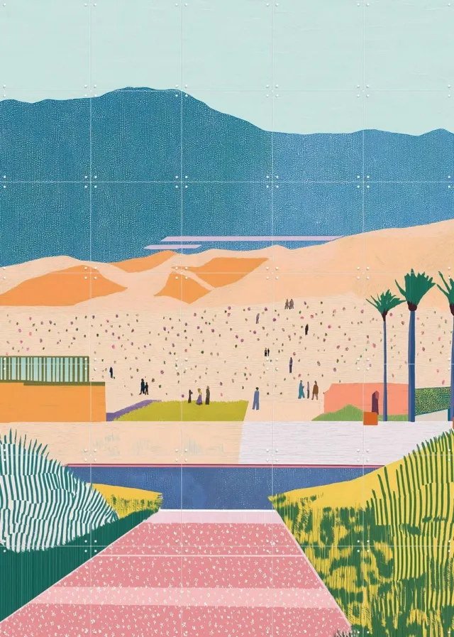 IXXI Walk in Dunes, Artclaud - 100 x 140 cm - Grote wanddecoratie en posters - Kleurrijk, Illustraties, Woonkamer, Landschappen Blauw