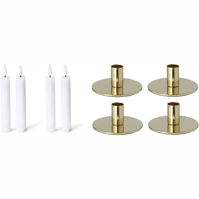 Novaliv set van 4 kaarsenhouders, metaal, goud, 10 x 5 cm, met LED-kaarsen, vlamloze kaarsen, elektrisch, op batterijen, woondecoratie, kersttafeldecoratie, kandelaar, kaarsenhouder, decoratieve schaal