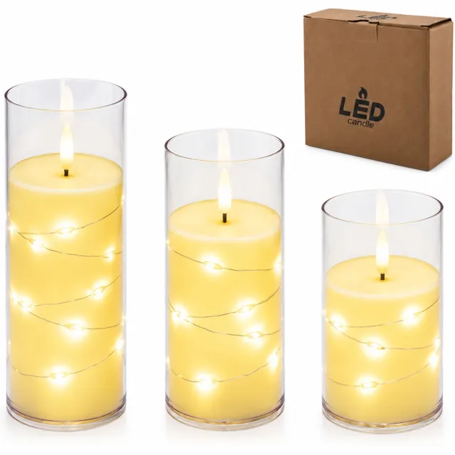 SWGOTA led kaarsen - 3-delige set, 5,5 cm-uitvoering, warm licht met koperdraadlichtsnoer, transparante bekers, inclusief AG13-knoopcellen en doos Ivoor