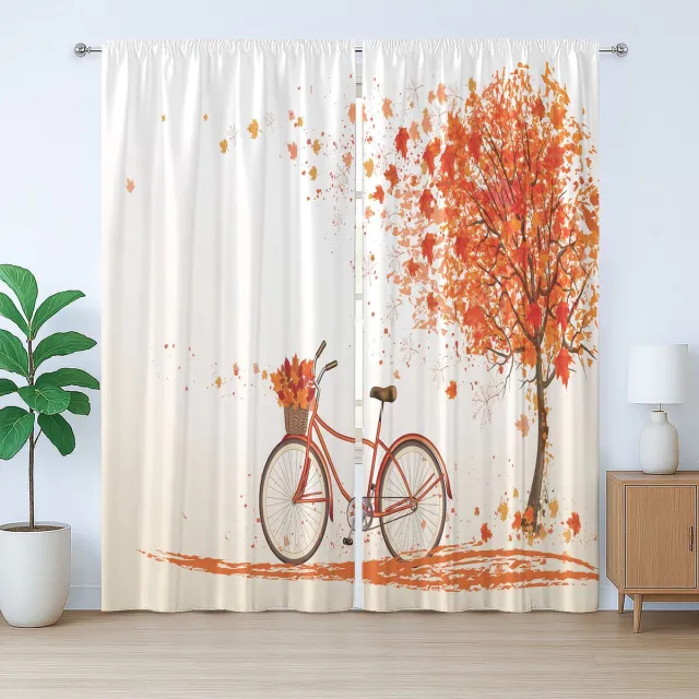 ABAKUHAUS Rustiek gordijn met fietsmotief, oranje herfstboom, slaapkamergordijn met plooien, lussen en haken, 280 x 260 cm, oranje