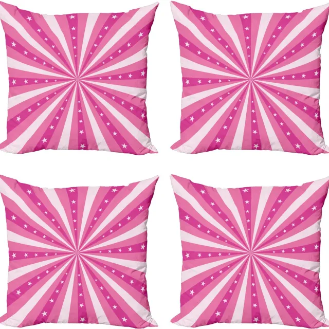 ABAKUHAUS Retro Sierkussen Kussenhoes 4er Set, Bursting Strepen Sterren, Modern Accent Dubbelzijdige Digitale Print, 60 x 60 cm, Roze en Koralle