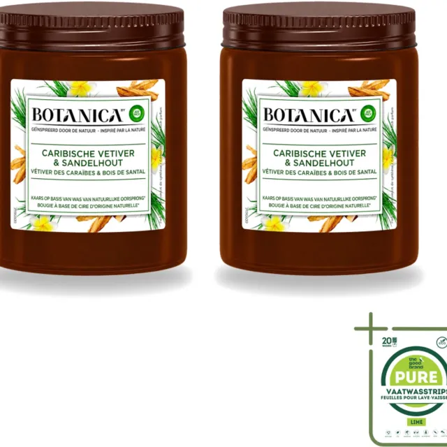 Air Wick 2 x Botanica by Air Wick - Geurkaars - Vetiver & Sandelhout - 40 Uur Brandduur - Grootverpakking - Vaatwasstrips - Geurkaars Vetiver Sandelhout - Vetiver Geur - Sandelhout Geur - Geurkaars 40 Uur - Botanica Geurkaars Bruin