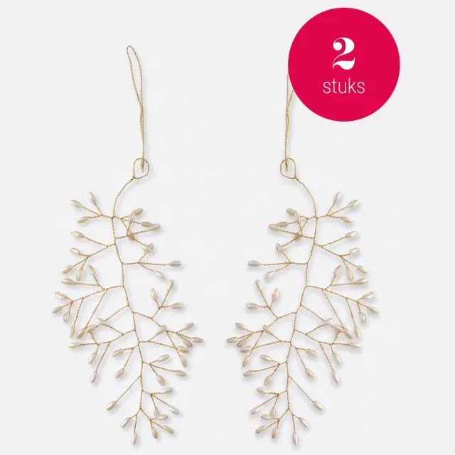vtwonen Kerstornament Leaf Pearl - Goud - Metaal - Set van 2 - 20 x 10 cm