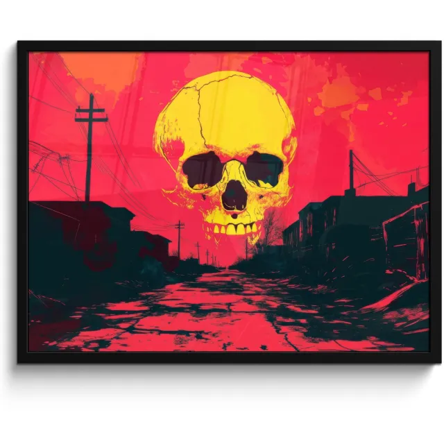 FrameYourWall Poster in lijst - Fotolijst 80x60 cm - Posters - Straat - Verlaten - Schedel - Geel - Posterlijst zwart - Decoratie - Wanddecoratie woonkamer - Muurdecoratie slaapkamer Schedel - Straat