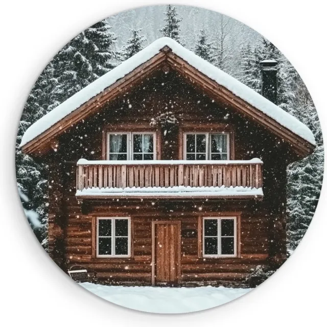Saammp Forex Muurcirkel - Natuur - Huis in de sneeuw - bomen - landschap - Ø 40 - Wandcirkel - Wanddecoratie Cirkel - Muurdecoratie Woonkamer - Slaapkamer decoratie - Rond Schilderij