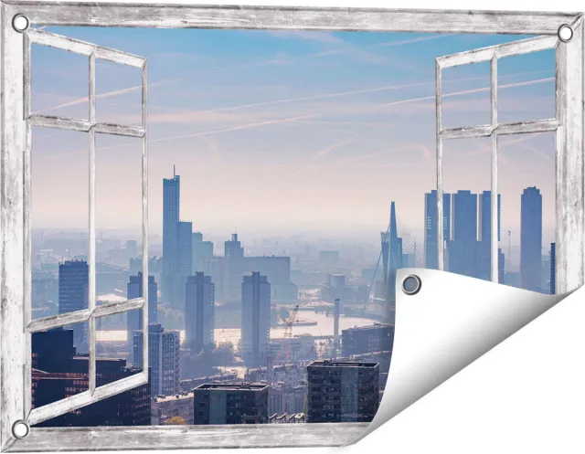 Gards Tuinposter Doorkijk Rotterdamse Skyline - 60x40 cm - Tuindoek - Tuindecoratie - Wanddecoratie buiten - Tuinschilderij Grijs