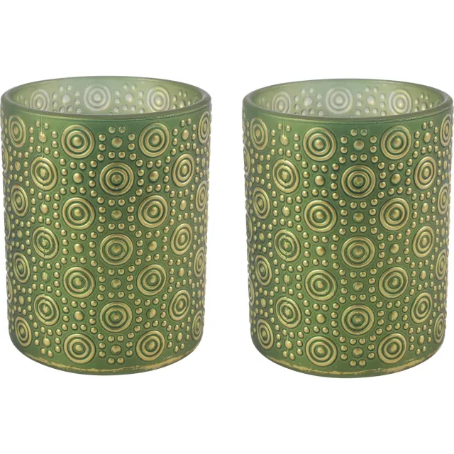Countryfield Luxe theelichthouder - 2x stuks - Fantasy - glas - olijfgroen/goud - D10 x H12 cm Olijf groen