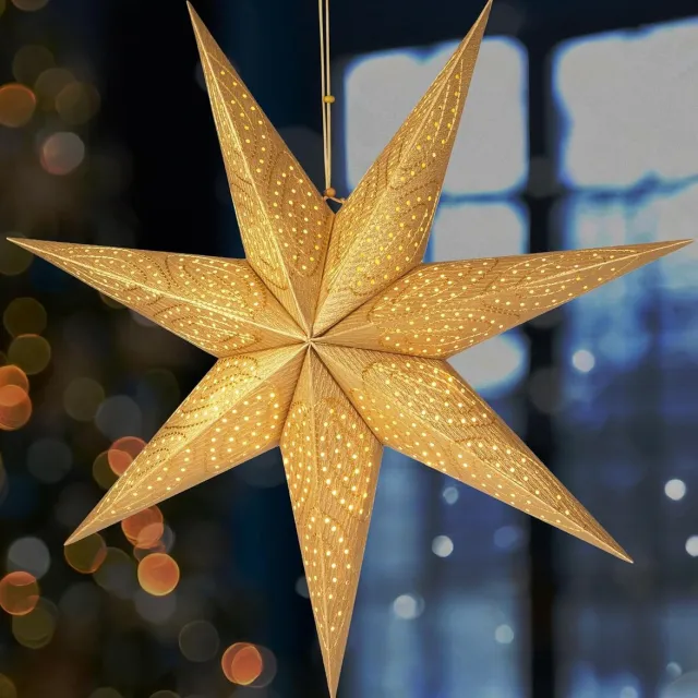 Brubaker 60 cm Papieren Kerstster om op te Hangen - Raam Adventster - 3D Papieren Ster met E14 Voet - Hangende Kerstdecoratie Lichtster met 3,5 m Kabel - Goud
