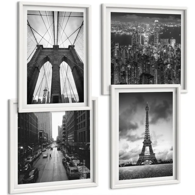 TULUP 4-Delige Schilderij Set - Torens en bruggen in monochrome tinten - 40x40 en 40x60 - Stijlvolle Muurdecoratie - Kantoor - Moderne Wanddecoratie Witte lijst