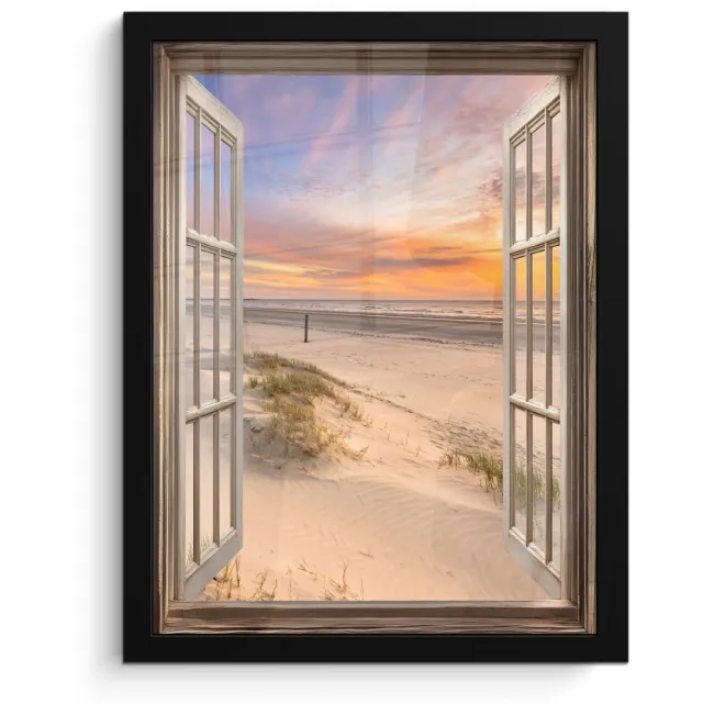 FrameYourWall Poster in lijst - Fotolijst 30x40 cm - Posters - Doorkijk - Strand - Duinen - Natuur - Landschap - Posterlijst zwart - Decoratie - Wanddecoratie woonkamer - Muurdecoratie slaapkamer Zonsondergang - Strand