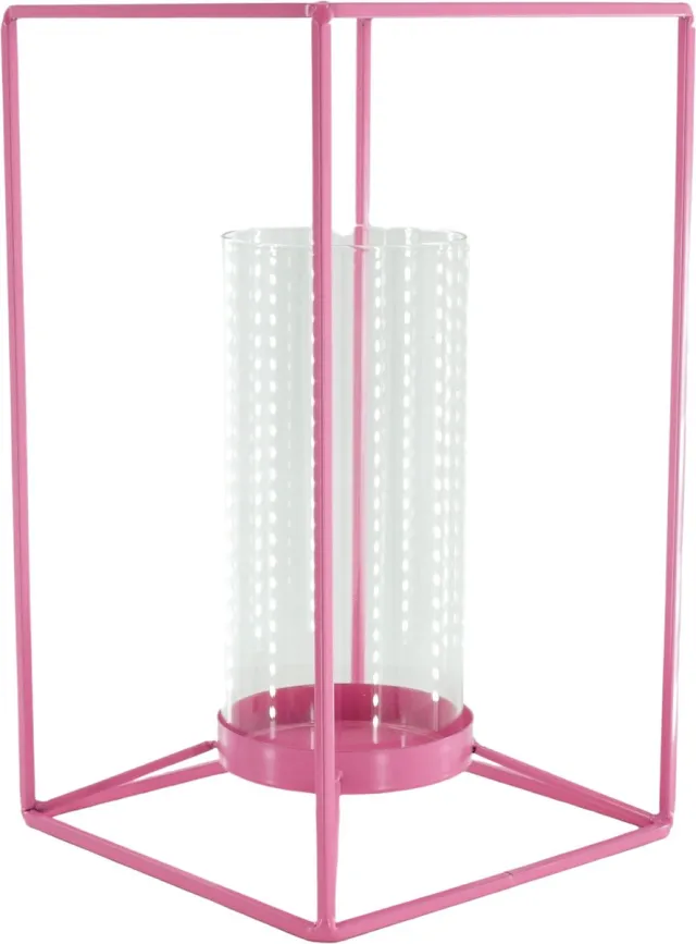 Housevitamin Kaarshouder- Windlicht - Metaal/Glas - Fluor Roze - 12,5x12,5x20cm
