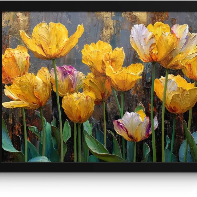 FrameYourWall Poster in lijst - Fotolijst 40x30 cm - Posters - Tulpen - Geel - Penseelstreken - Abstract - Posterlijst zwart - Decoratie - Wanddecoratie woonkamer - Muurdecoratie slaapkamer