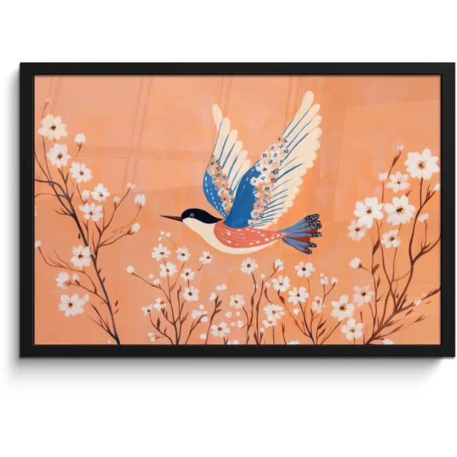 FrameYourWall Poster in lijst - Fotolijst 60x40 cm - Posters - Vogel - Bloesemtakken - Warm - Kleurrijk - Posterlijst zwart - Decoratie - Wanddecoratie woonkamer - Muurdecoratie slaapkamer