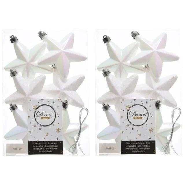 Decoris kersthanger sterren - 12x st - wit parelmoer - 7 cm - kunststof - kerstornamenten - kerstversiering