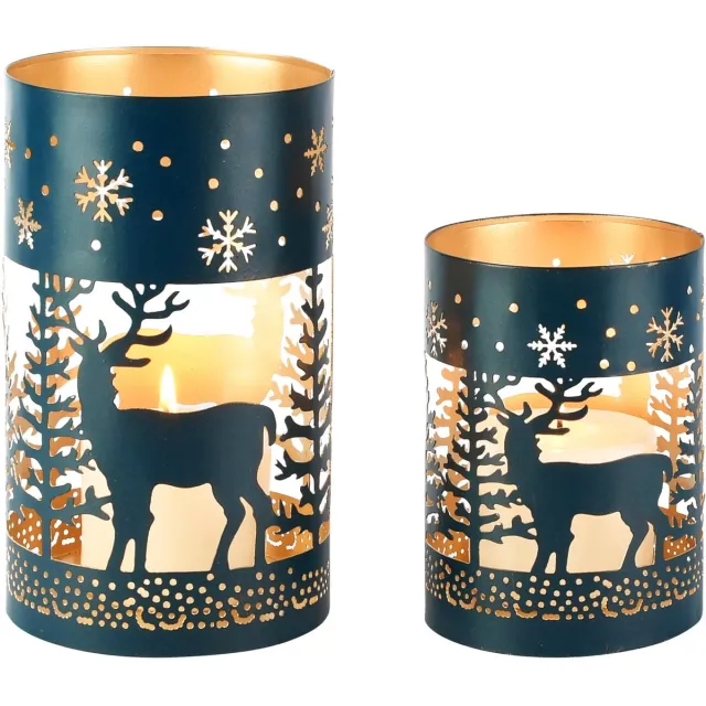 dekoratief Set 2 Waxinelichthouders 'Highland Deer', petrol/goud, metaal, 12x12x20cm | A268191 groen