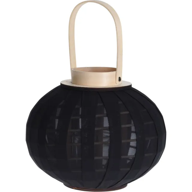 H&S Collection Houten theelichthouder / lantaarn met stof zwart 21 cm - Waxinelichtjeshouder - Windlicht voor kaarsjes van hout