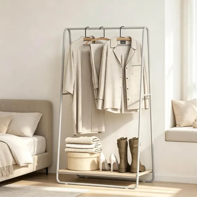 REDOM Kledingrek - 3-in-1 met bovenste en zijstangen - Met schoenenrek - Moderne stijl - Hal of slaapkamer - Metaal en spaanplaat - Grijs, houtkleurig - 80 x 44 x 140 cm Wit