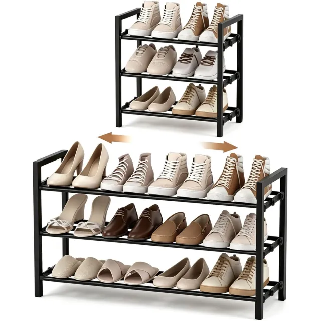Famanu Uittrekbaar schoenenrek, smal, 3 niveaus, verstelbaar metaal, breedte 43 tot 78 cm, ruimtebesparend voor kledingkast, entree en slaapkamer, zwart