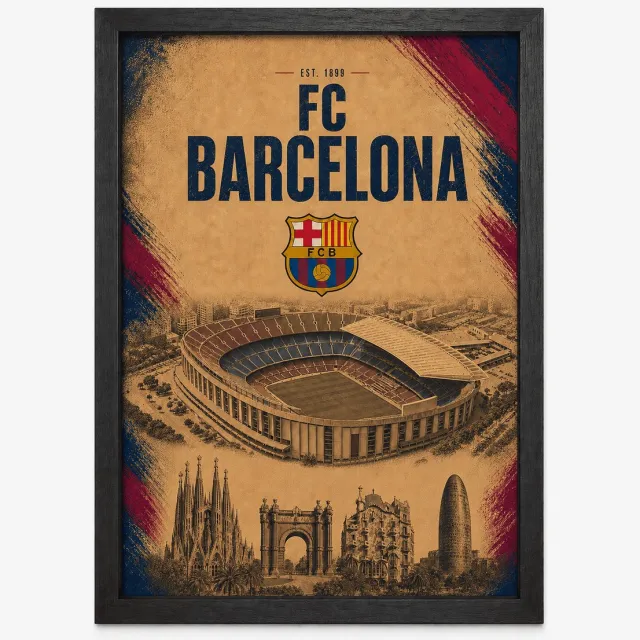 Joshimo FC Barcelona Poster | Camp Nou & Barcelona Bezienswaardigheden | Inclusief Zwarte A4 Lijst