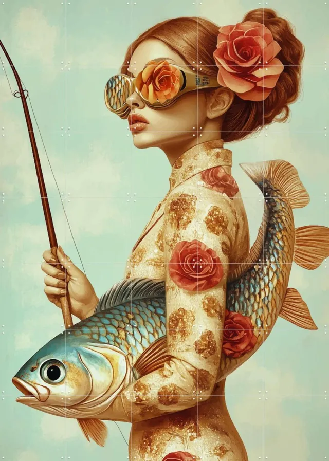 IXXI High fishion, Mirjam Duizendstra - 100 x 140 cm - Grote wanddecoratie en posters Woonkamer, Portretten, Vissen, Bloemen Groen / Roze