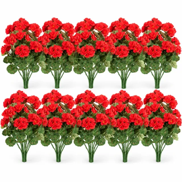 ROSIFY Kunstbloemen Kunst Geraniums voor buiten – 10 Bosjes – 36 cm – Kunstbloemen voor Bloembak, Balkon, Tuin & Interieur - Rood Rood 10