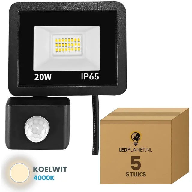 Tsong LED Schijnwerper 20W - 5 stuks - 2.000 lm - Koelwit 4000K - 120° Breedstraler - Bewegingssensor - IP65 - Buitenlamp & Gevelverlichting - 2 jaar garantie