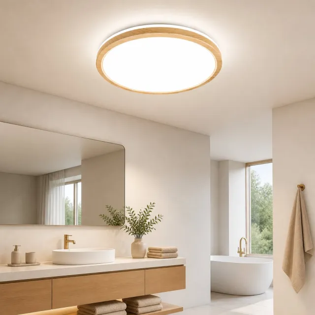 Epochglo Moderne LED Plafondlamp met Houtnerf - 24W, 2400 Lumen - 4000K Neutraal Wit - IP44 Waterdicht, Ultraplat Design (Ø30cm) - Licht Hout & PC - Wandbediening - Flikkervrij - Plafonnière voor Badkamer, Hal, Woonkamer en Keuken Houtlook