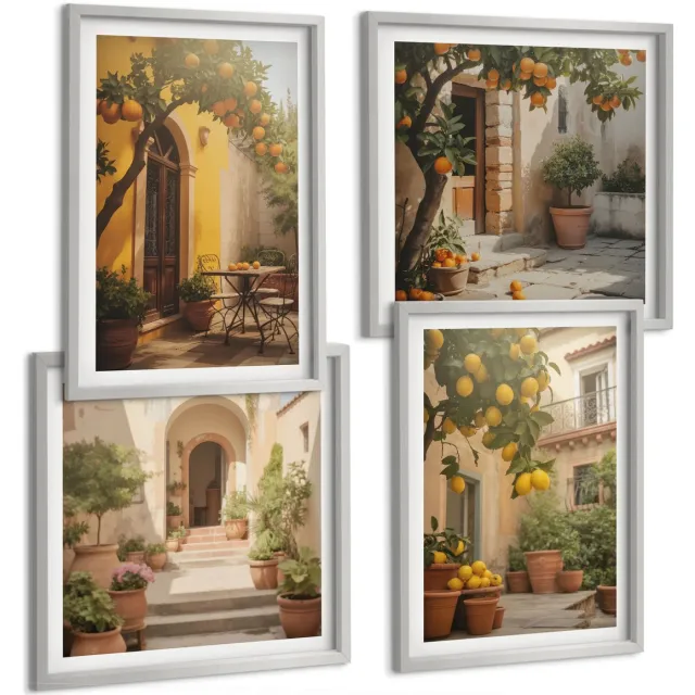 Coloray 4-Delige Schilderij Set - Zonnig Terras Met Citrusbomen En Potten. - 40 x 40 cm En 40 x 60 cm - Wanddecoratie - Muurdecoratie - Moderne Interieurdecoratie - Moderne Wanddecoratie Zilveren lijst