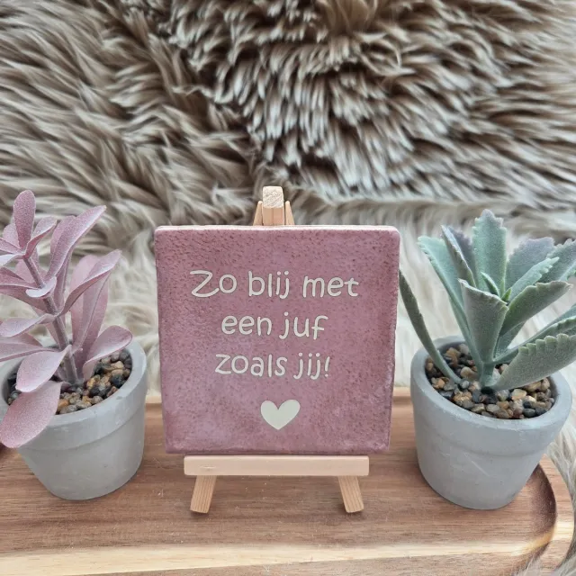 CreaCraft Robuust Wenstegeltje – Zo Blij met een Juf Zoals Jij – 10 X 10cm – Juffen bedankje – Einde schooljaar – Afscheid juf – Juf Cadeau – Trendy – Afscheid – Bedankje – Zomaar – Verjaardag – Decoratief Tegeltje met Standaard – Cadeau Idee Oudroze/Beige