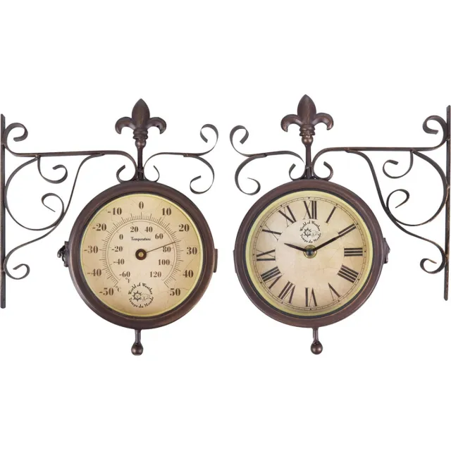 Esschert Design Stationsklok met thermometer Bruin
