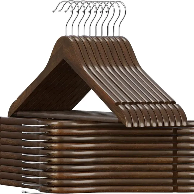 Famanu Set van 20 houten kleerhangers met inkepingen, antislip en draaibare haak – Donkerwalnoot Donker walnoot + zilver
