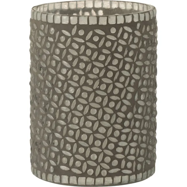 J-Line Windlicht / theelichthouder / waxinelichtjeshouder met bolletjes en strepen - Grijs / transparant - 12.5 x 12.5 x 17 cm hoog.