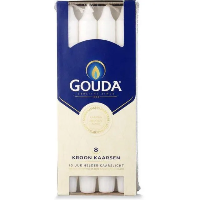 Gouda kroonkaarsen 8 dinerkaarsen in doosje wit van kleur