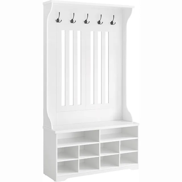 FurnStar Kapstok met schoenenbank - garderobe - schoenenopslag - 5 drievoudige haken - vrijstaand - ruimtebesparend - voor entree - hal - verstelbare planken - wolkenwit