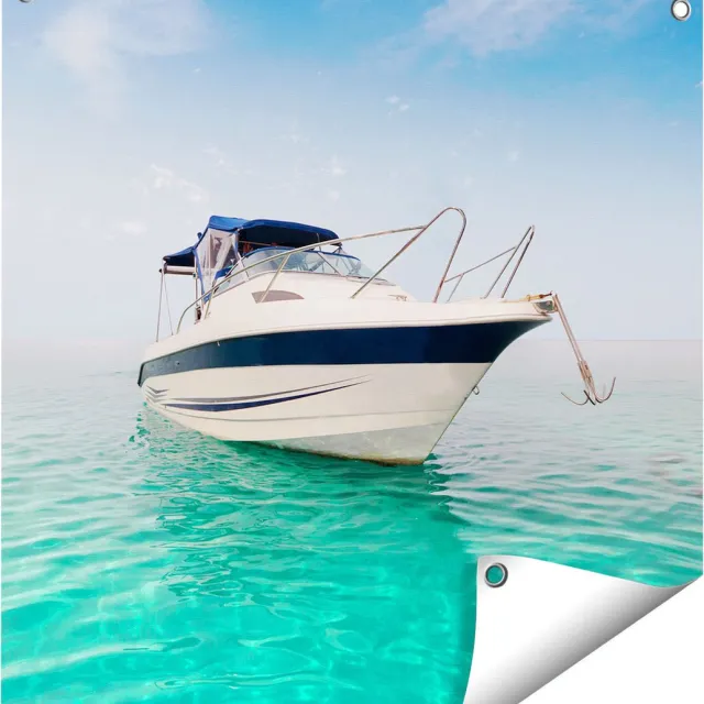 Gards Tuinposter Motorboot aan het Strand met Blauw Water - 60x60 cm - Tuindoek - Tuindecoratie - Wanddecoratie buiten - Tuinschilderij Multikleur