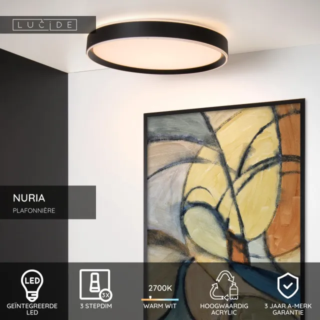 Lucide NURIA - Plafonnière (Plafondlamp) - Ø 50 cm - LED 3 StepDim - 1x36W 2700K - Zwart