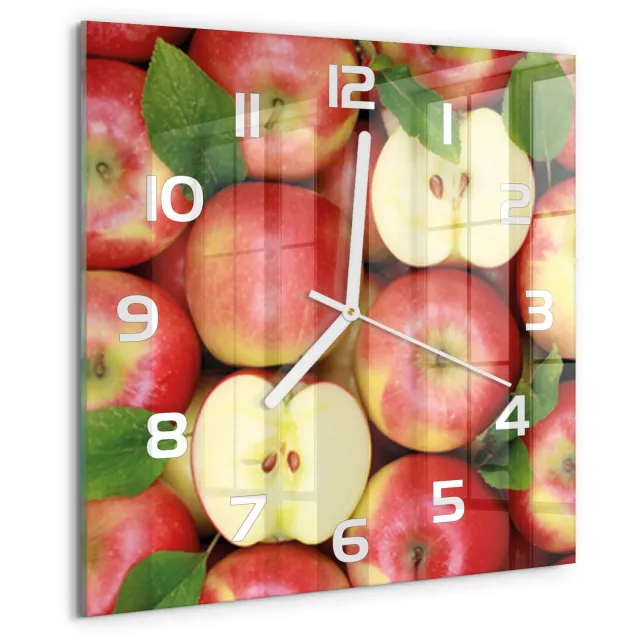 TULUP Wandklok - Appels Glazen Wandklok Design - 30x30 cm - Rood Klok Glas Met Opdruk - Witte handen - Vierkante Klok - Wandklok Glas Met Motief - Decoratieve Glazen Klok